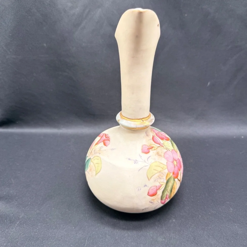 Antique Hand Painted Floral Ceramic Pitcher Vase Pink Flowers Gold Trim 8.5